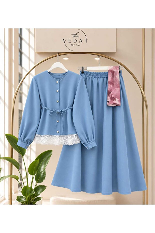Women's Lace Detailed Skirted Denim Suit -0750