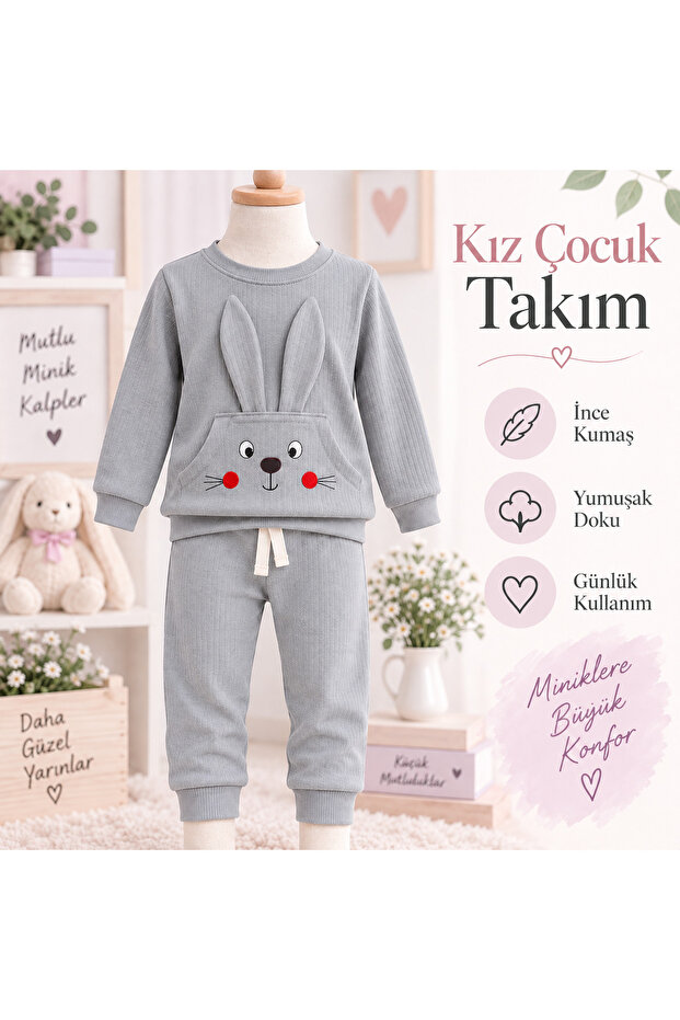 Rabbit, Kangaroo Pocket, Embroidery, High Quality, Cotton Girl's Suit (Buy One Size Larger)