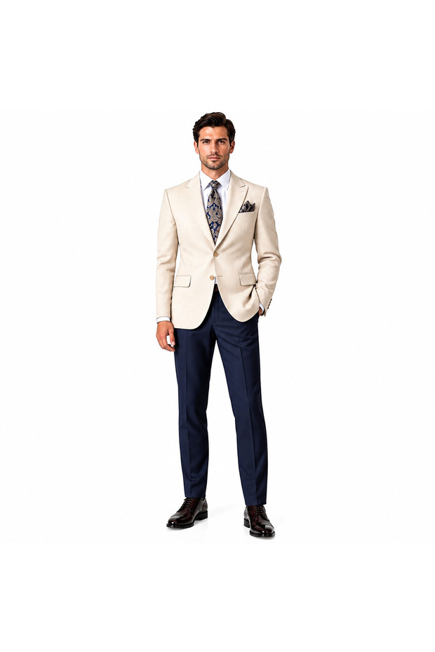 Kaşe Jacketed Slim Fit Men's Suit – Beige Jacket, Navy Blue Trousers, Shirt