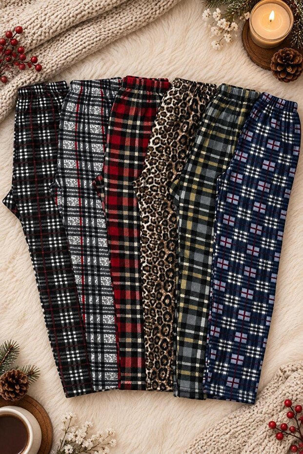 6 Pack Women's Winter Thick Fleece Pajama Bottoms - Leopard and Plaid Pattern Winter Set