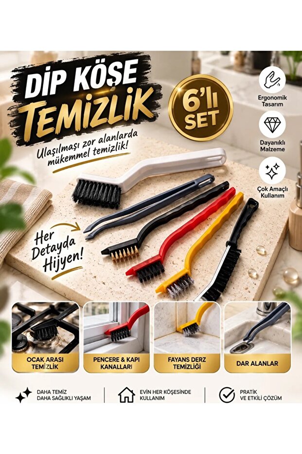 6 Piece Bottom Corner Cleaning Brush Set - Grout Brush, Drain Tweezers, Multi-Purpose - Fine Brush