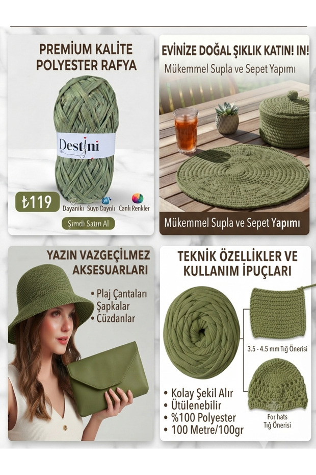 Soft Raffia Rope, Polyester Raffia Rope Bodrum Raffia, Hobby Rope 100Gr 100 Mt