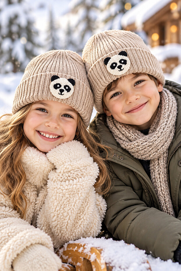 Beige Children and Teenagers Beret Panda Punch Pattern Luxury Wool Hat Christmas Gift