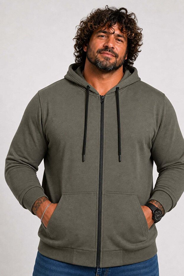 Large Size Basic Seasonal Zippered Hooded Sweatshirt 22751 Khaki