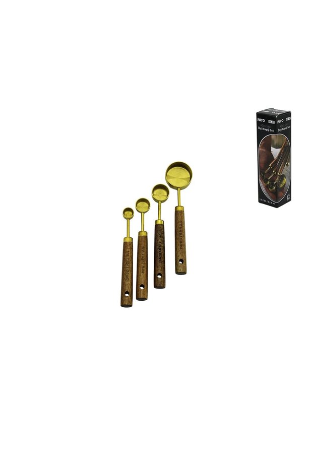 4 Pcs Gold Metal Measuring Spoons Set Authentic Wooden Handle 15ml - 5ml - 2.5ml - 1.25ml