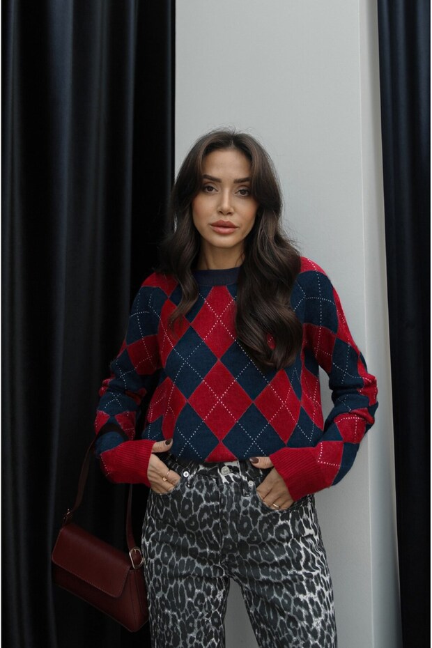 Navy Blue Red Haley Diamond Patterned Sweater