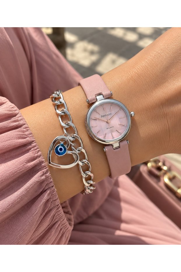 Mini Case, Pink Color Leather Cord, Women's Wrist Watch + Bracelet