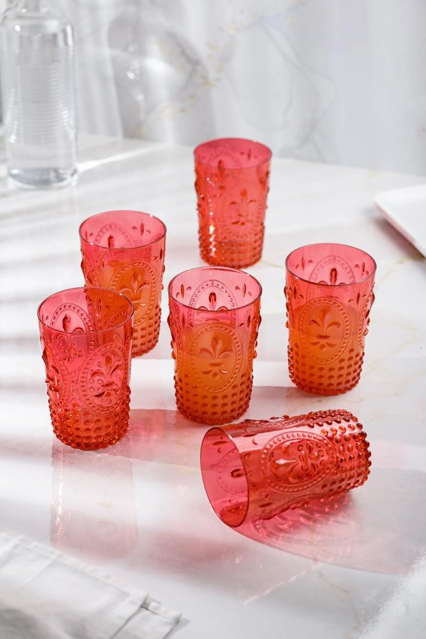 Acrylic Red 6-Piece Short Glass & Water Soft Drink Coffee Cup 400 ml (Not Glass)