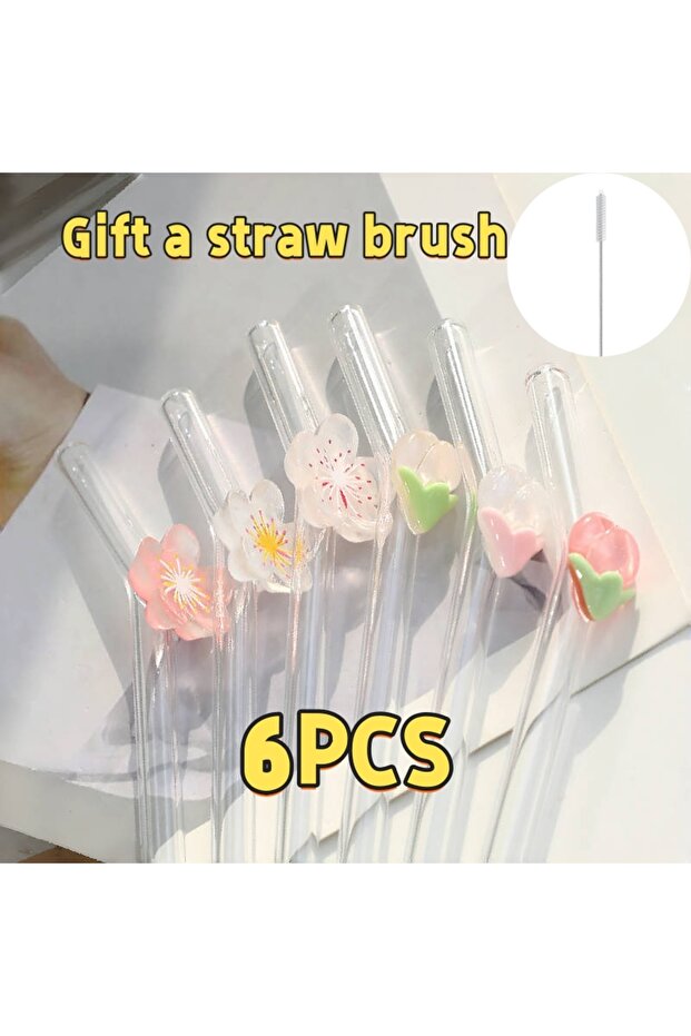 Mix 6Straws 1Brush 1/5Pcs Floral Glass Straws ,Elegant curved reusable straws for bubble tea, juice