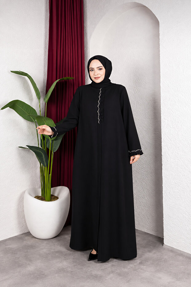 Elegant Stone Detailed Ferace Premium Honeycomb Fabric Large Size Hijab Ferace