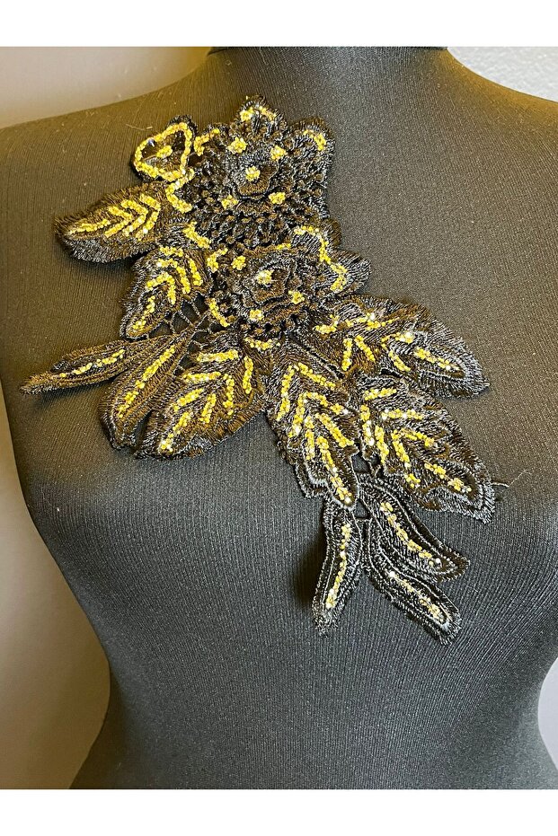 25X14 CM GOLD FOIL BLACK LACE APPLIQUE SEWING ACCESSORY