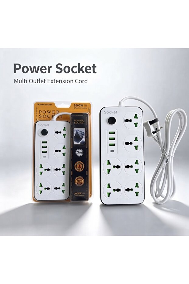 White Universal Extension Power Socket Strip With 3-Meter Cord