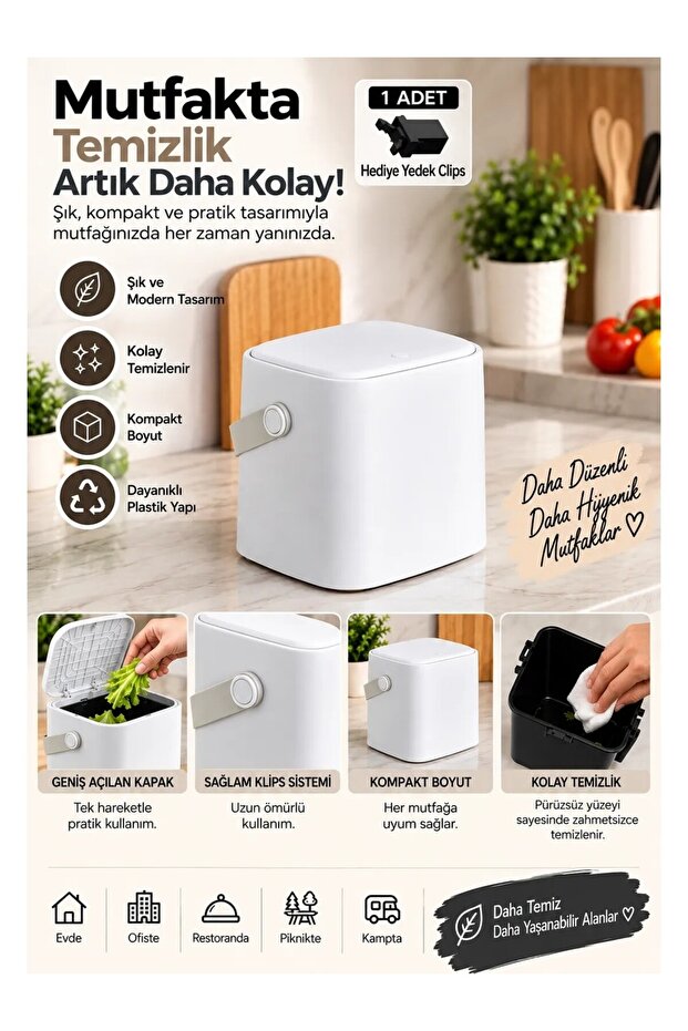 Click Lid Countertop Kitchen Trash Can with Handle and Inner Bucket 4 Lt - White