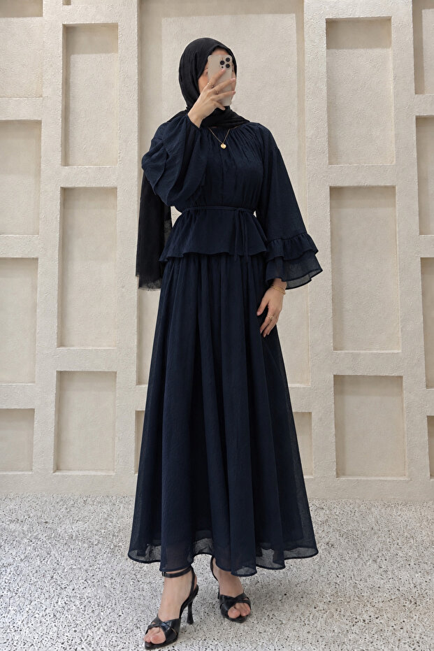 Women's Flounce Sleeve Double Skirt Set M41675 - Navy Blue