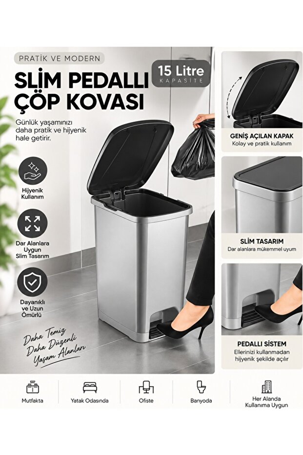 Slim Pedal Bathroom Kitchen Trash Can - 15 Liters - Anthracite