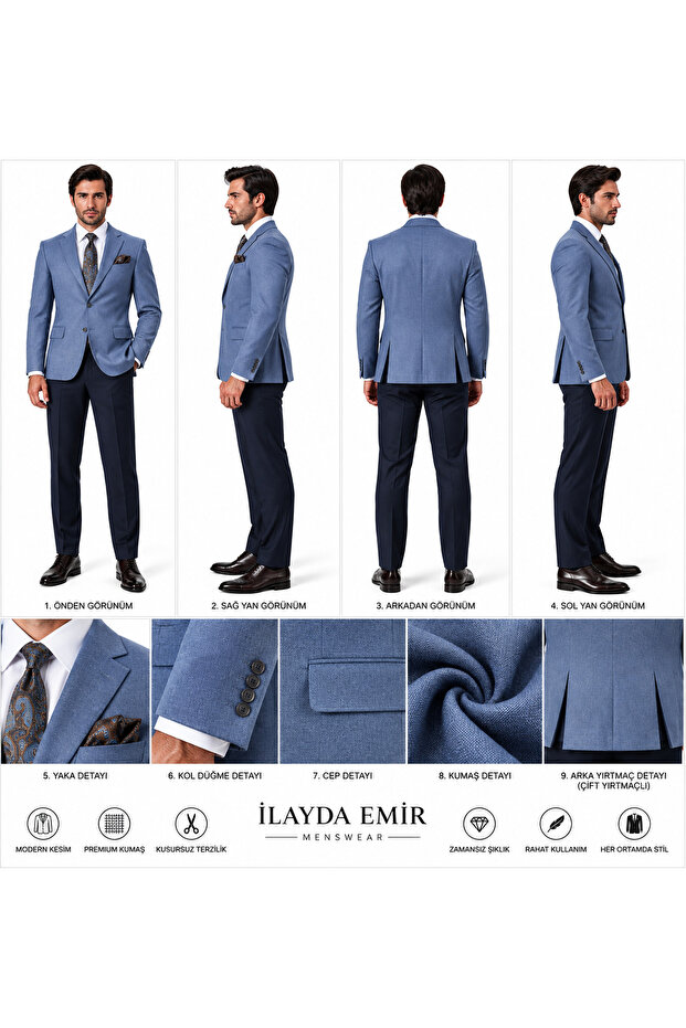 Slim Fit Men's Suit with Cashmere Jacket – Blue Jacket, Navy Blue Trousers, Shirt