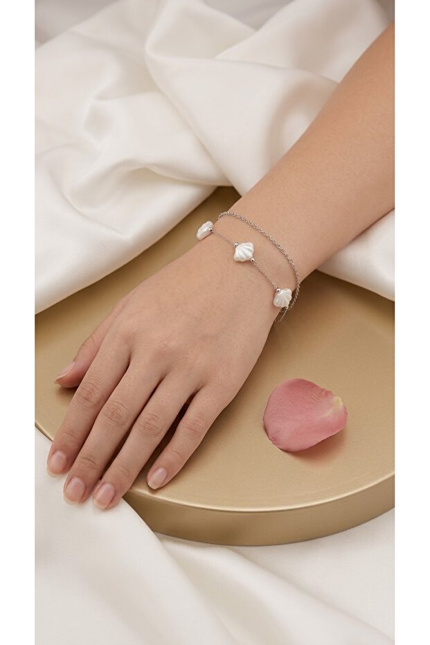 Double Chain Steel Bracelet with Pearlescent Natural Stone