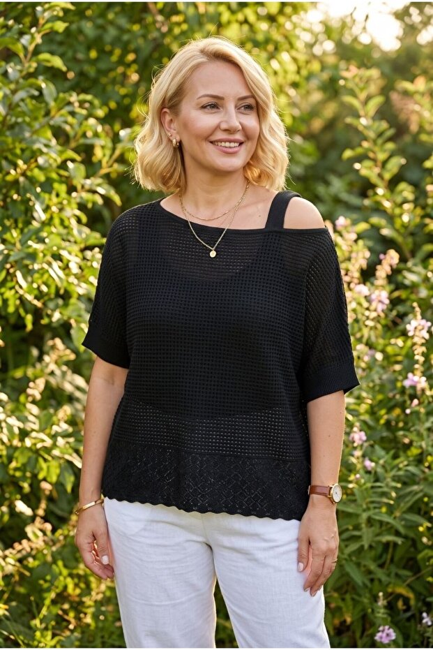 Women's Black Mesh Skirt Part Lace Short Sleeve Belted 100% Acrylic Knitwear Blouse Sweater