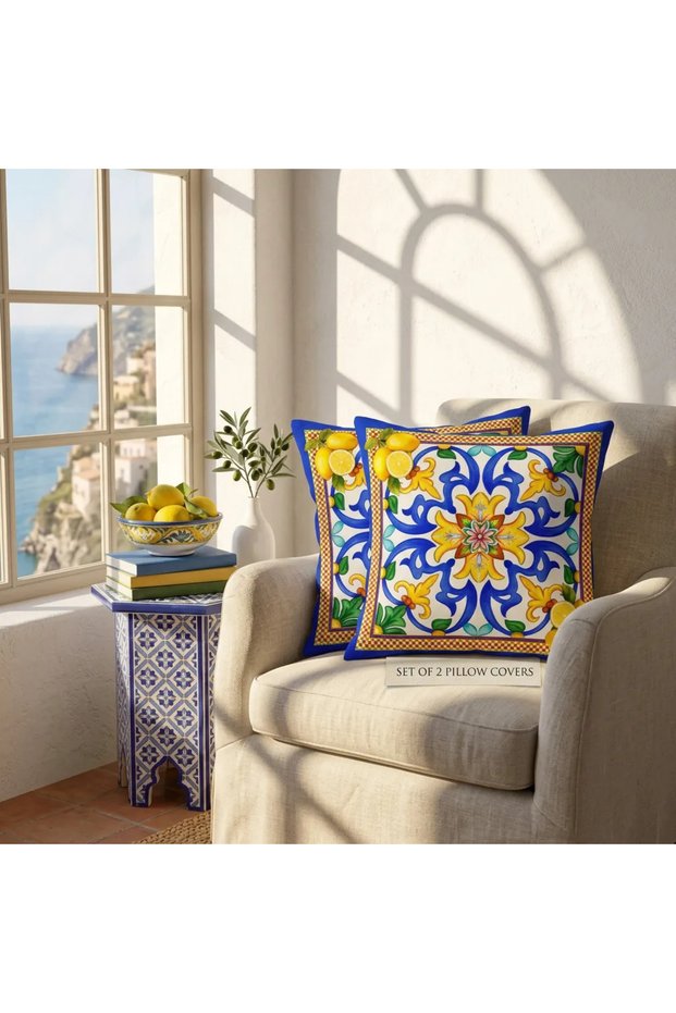 Napoli Italian Patterned Lemon 2-Piece Throw Pillow Cover (43.43cm)