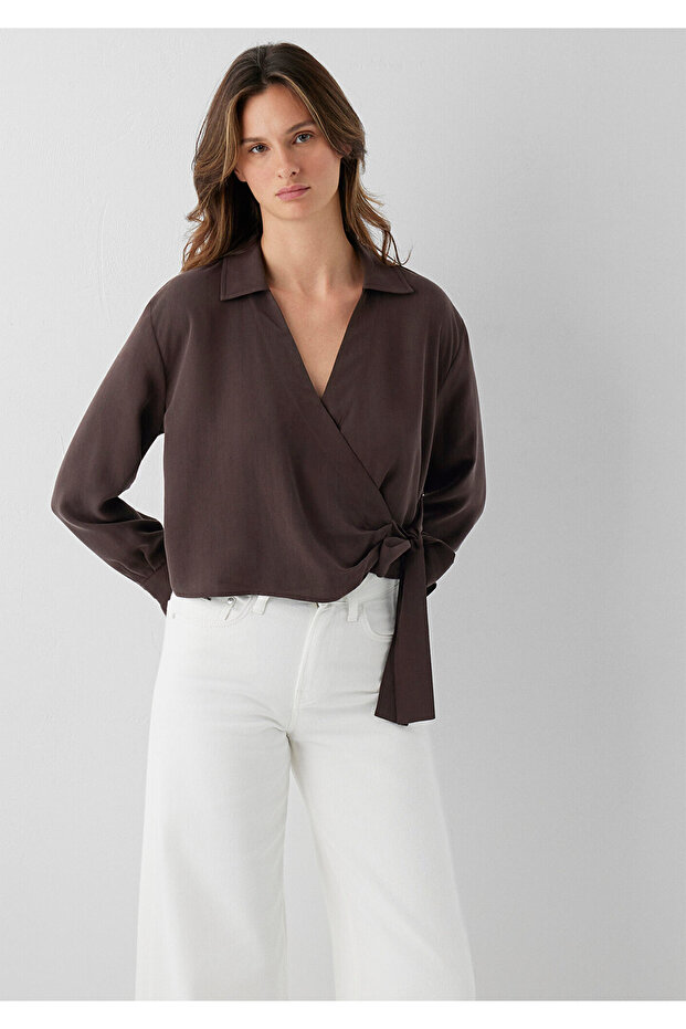 Tencel ™ ) Lyocell Cross-Tie Brown Blouse 1211581-70236