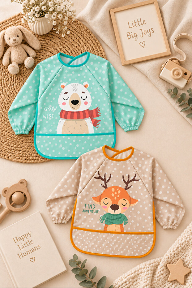 Teddy Bear and Deer Patterned Long Sleeve Baby Feeding and Activity Bib with Pockets