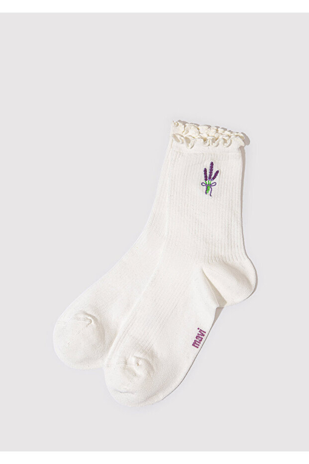 Floral Embroidered Ecru Socks 1913250 -70053