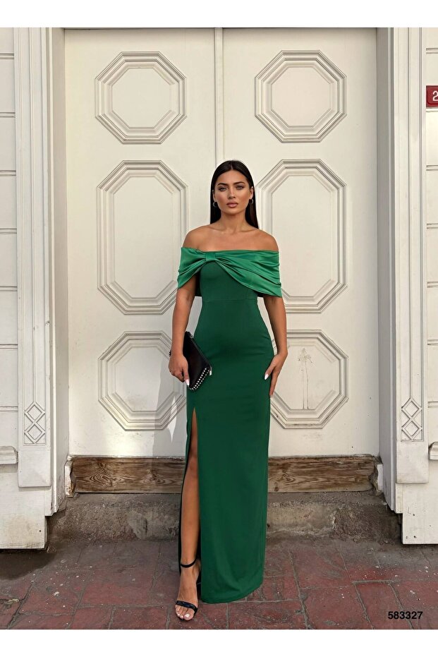 Stretchy Shiny Satin Collar Pleated Bow Detail Slit Evening Dress 583363 EMERALD