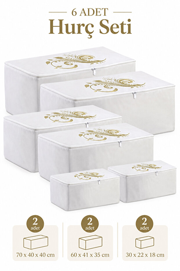 6 Piece Storage Organizer Set White | 2 Mega 2 Large 2 Small Size | Under-The-Bed, In-The-Closet Storage for Quilts and Blankets