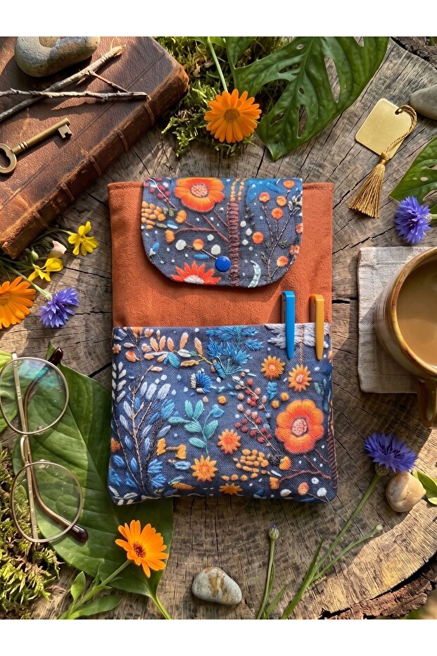 Embroidery Floral Patterned Book Cover Stylish and Book Protective Cover Multi-Purpose with Pockets 19X25 cm