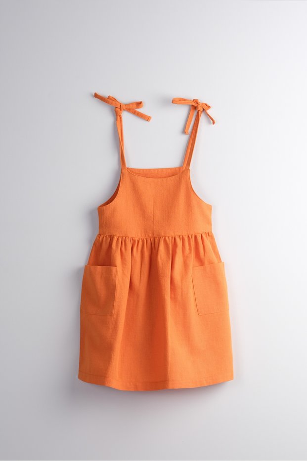 Linen / Cotton Fabric Strap Dress for Baby Girls and Children (Orange)