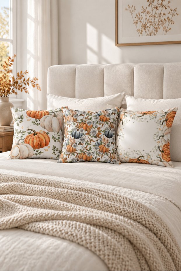 Autumn Patterned Velvet 3-Piece Throw Pillow Cover Set 43X43 cm - Decorative Pillowcases