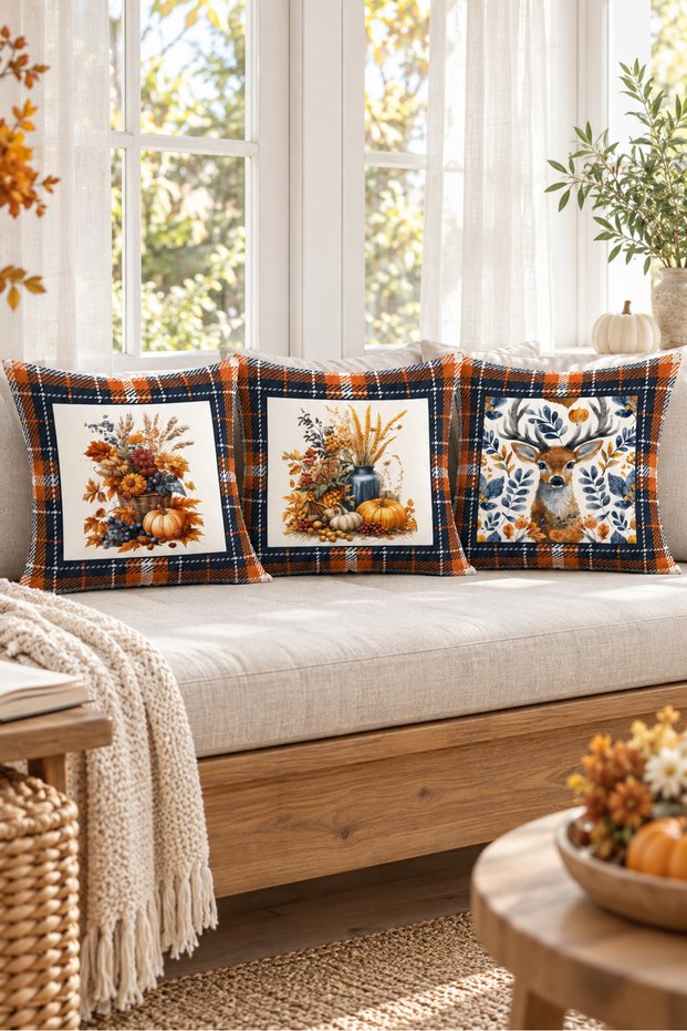 Autumn Patterned Velvet 3-Piece Throw Pillow Cover Set 43X43 cm - Decorative Pillowcases