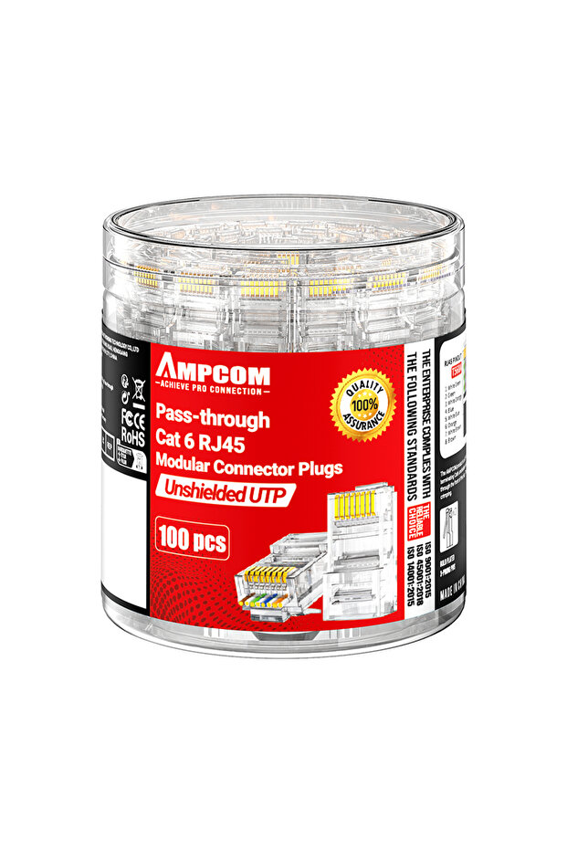 CAT6 UTP 100 قطعة AMPCOM RJ45 موصل معياري Pass-Thru CAT6 لكابل 23-26 AWG UTP مطلي بالذهب
