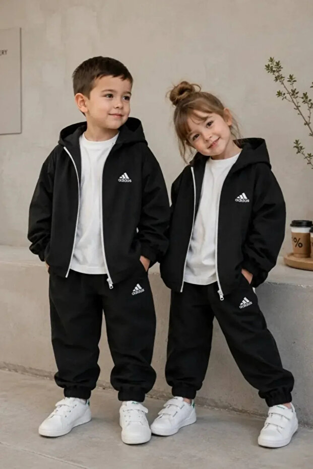 Children's Water Repellent Combed Cotton Lined Black Raincoat Set