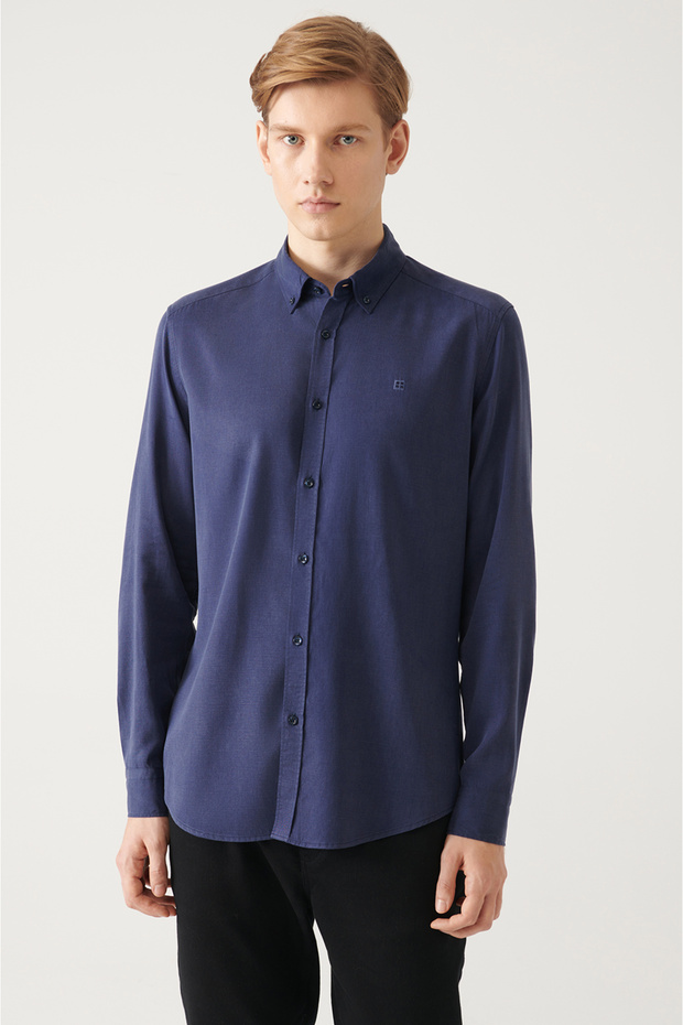 Men's Navy Blue Buttoned Collar Linen Blend Slim Fit Shirt B002001