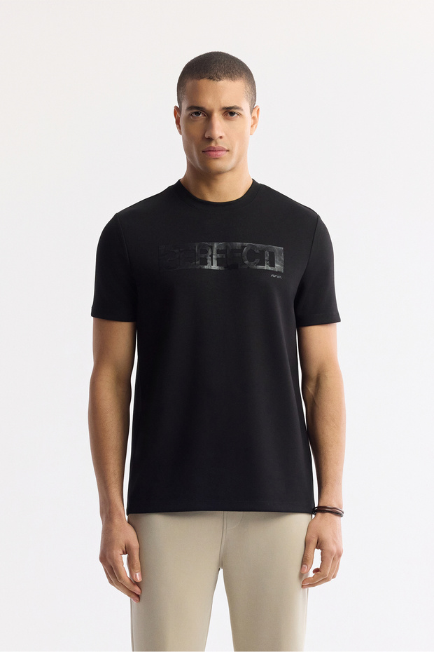 Men's Black Crew Neck Printed Bi-Stretch Interlock Regular Fit T-Shirt A51Y1044