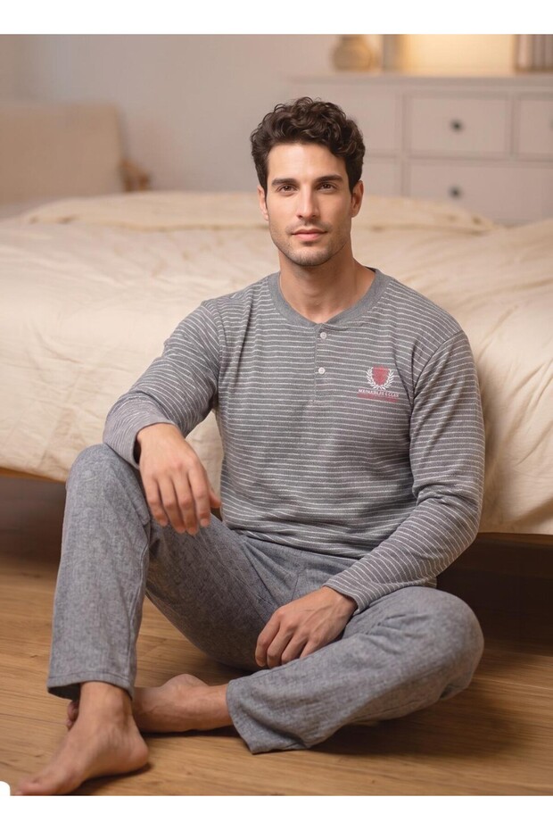 Men's Interlock Winter Collar Buttoned Long Sleeve Striped Gray Combed Cotton Pajama Set