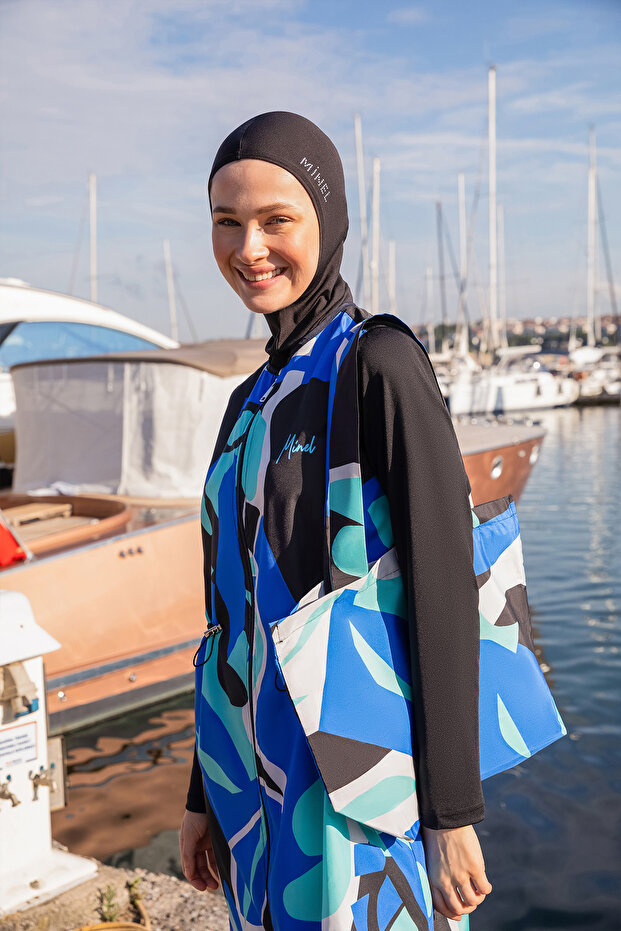 Women's Blue Patterned Full Covered Hijab Swimsuit Long 2-Piece Set U-048