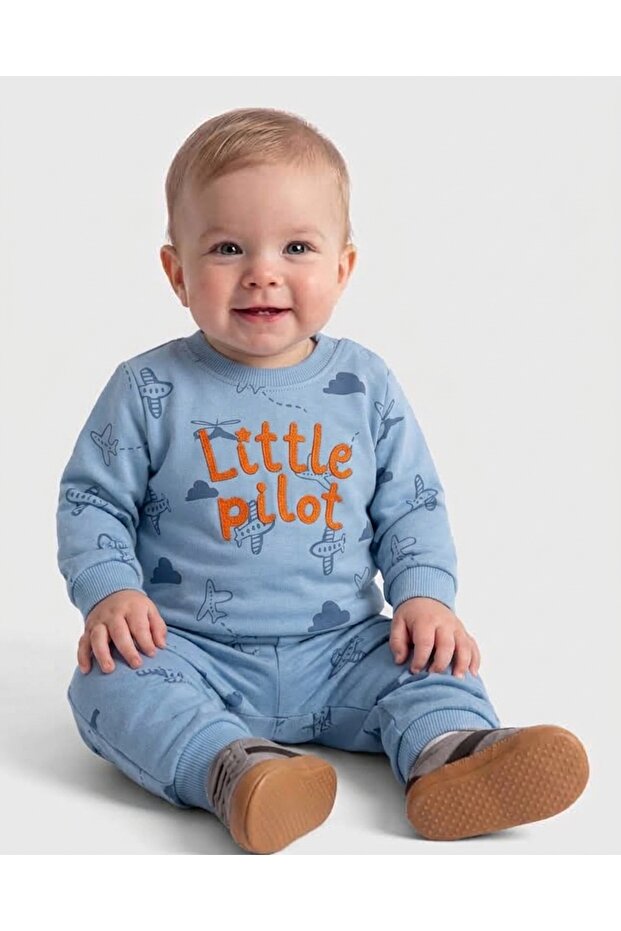Baby Boy Seasonal 2-Piece Set Airplane Patterned Long Sleeve Cotton Comfortable Daily Set-Blue