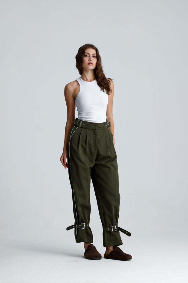 Palmi̇ra High Waist Trench Coat Fabric Pants with Buckle Belt Detail on the Cuffs