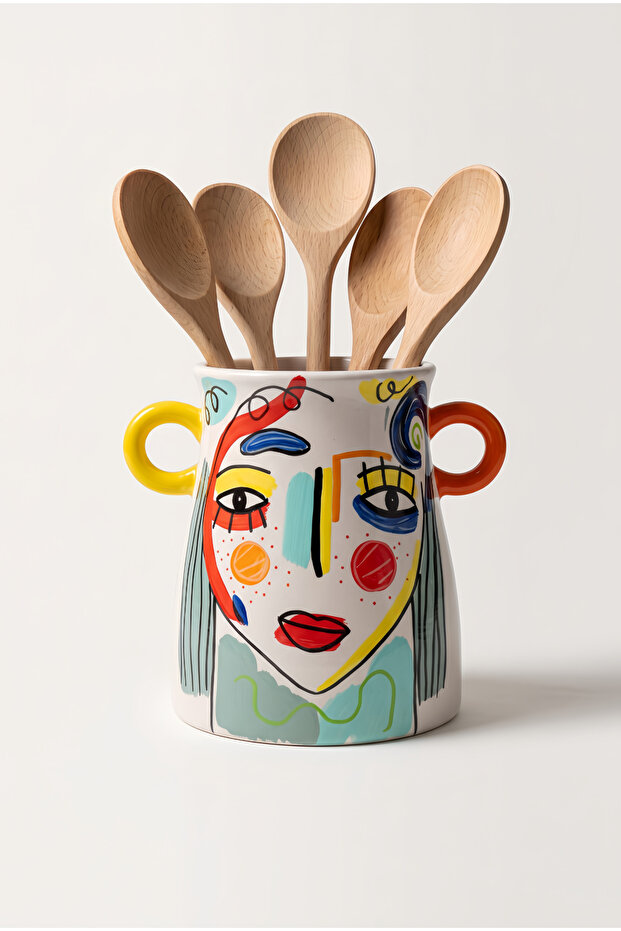 Ceramic Countertop Spoon Holder & Vase | Kuşkulu Ethic | Kitchen Organizer | 17X13 cm | Unique | Handmade | Multicolor | Artistic