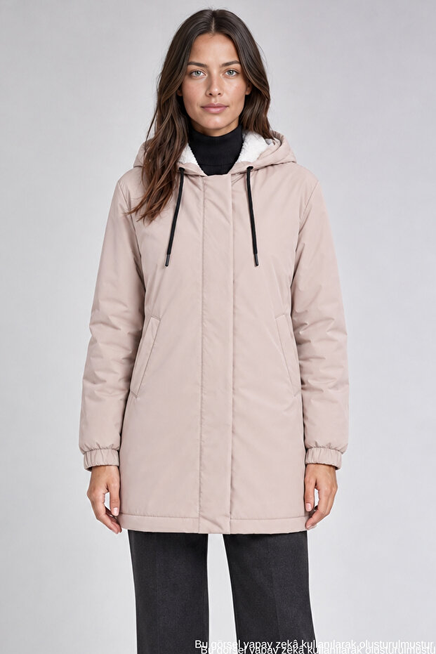 Women's Elastic Waist Pockets Fur Lined Water and Windproof Cold Resistant Fur Lined Long Beige Coat