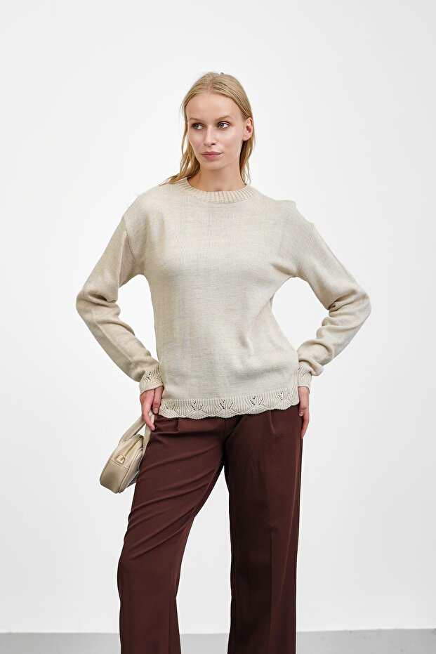 Stone Crew Neck Knit Sweater with Guipure Detail on Sleeves and Hem