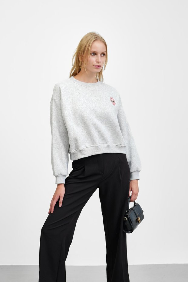 Gray Crew Neck Embroidered Three Thread Short O Oversized Sweat