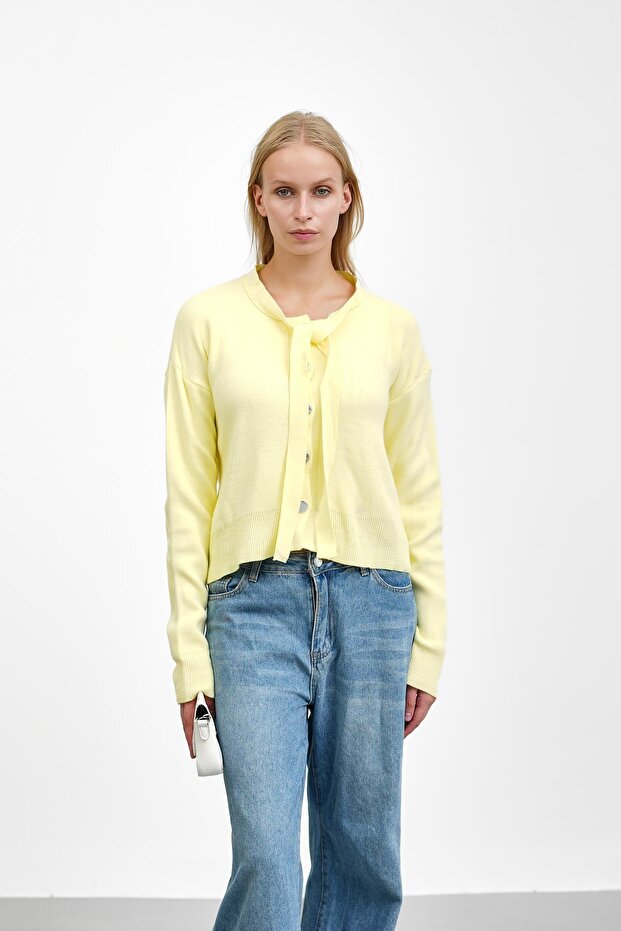 Yellow Collar Tied Buttoned Knitwear Cardigan