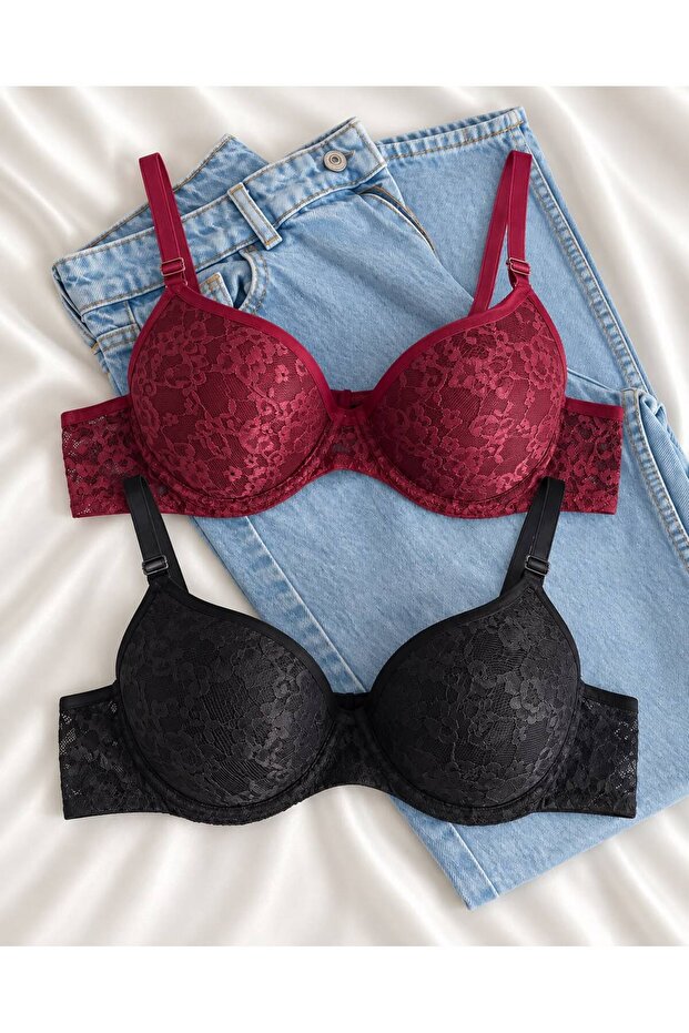 Women's Lace Pack Supported Wired Push up Padded Soft Bra Double Pack