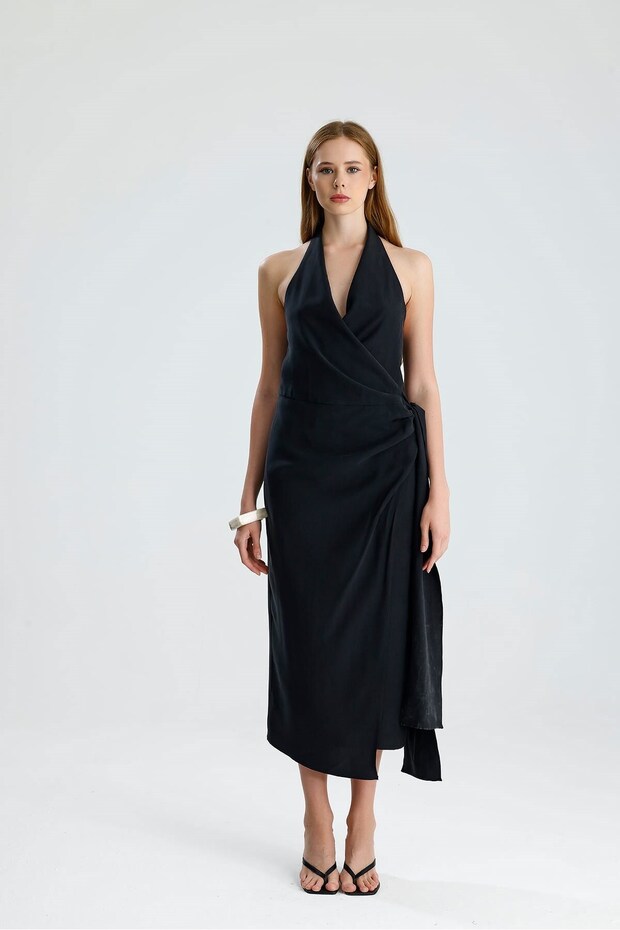Luna Double-Breasted Tie-Back Black Dress