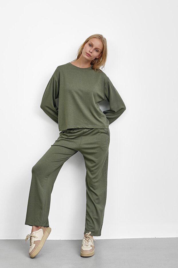 Khaki Modal Suit with Stone Detail on the Sides