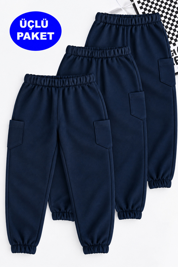 Elastic Inside Leg Fleece Lined Unprinted 3-Pack Unisex Navy Blue Children's Sweatpants