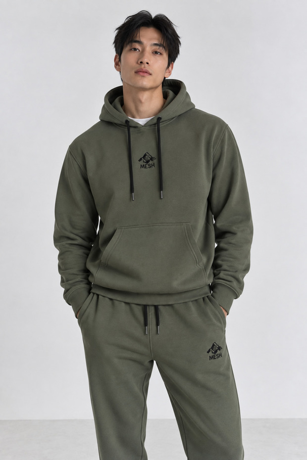 Sweatshirt Tracksuit Set, Soft Fabric, Khaki Black Embroidered Cotton 3 Thread Threaded